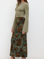 Boat Neck Long Sleeve Top & Mid Rise Floral Ruched Maxi Skirt Set