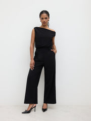 Asymmetrical Neck Solid Pocket Wide Leg Jumpsuit