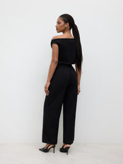 Asymmetrical Neck Solid Pocket Wide Leg Jumpsuit
