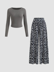 Round Neckline Long Sleeve Top & Mid Rise Leopard Elastic Waist Wide Leg Trousers Set