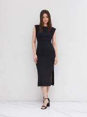 Boat Neck Solid Ruched Maxi Dress