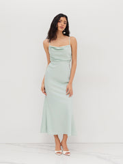 Satin Square Neck Ruched Lace Maxi Dress