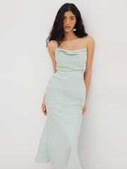 Satin Square Neck Ruched Lace Maxi Dress