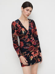 Velvet V-neck Floral Mini Dress