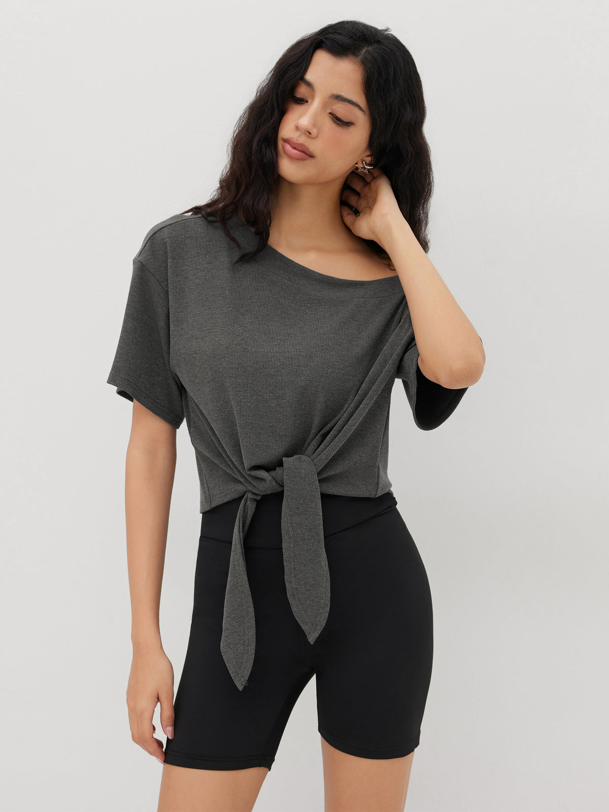 Asymmetrical Neck Off-shoulder Knotted Oversized Tee