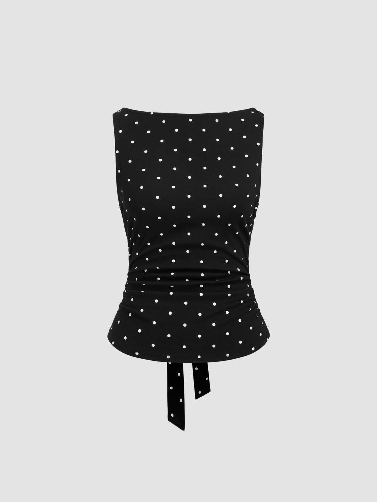 Cotton-blend Boat Neck Knotted Polka Dot Ruched Tank Top