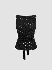 Cotton-blend Boat Neck Knotted Polka Dot Ruched Tank Top