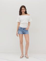 Cotton-blend Asymmetrical Neck Ruched Tee
