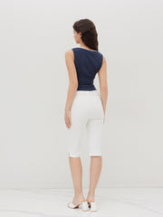 Cotton-blend U-neckline Contrasting Binding Ruched Tank Top