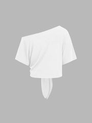 Asymmetrical Neck Off-shoulder Knotted Oversized Tee