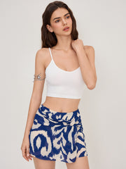 Round Neckline Solid Crop Cami Top With Mid Rise Abstract Knotted Mini Skort