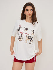 Round Neckline Holy Cow Graphic Oversized Tee