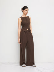 Boat Neck Waistcoat & Mid Rise Elastic Waist Wide Leg Trousers Set