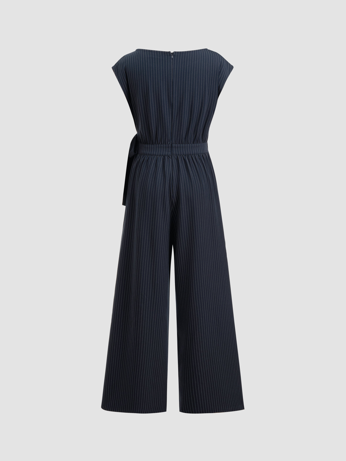 Boat Neck Stripe Ruched Knotted Straight Leg Jumpsuit