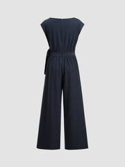 Boat Neck Stripe Ruched Knotted Straight Leg Jumpsuit