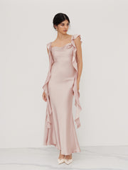 Satin Cowl Neck Solid Ruffle Hem Maxi Dress