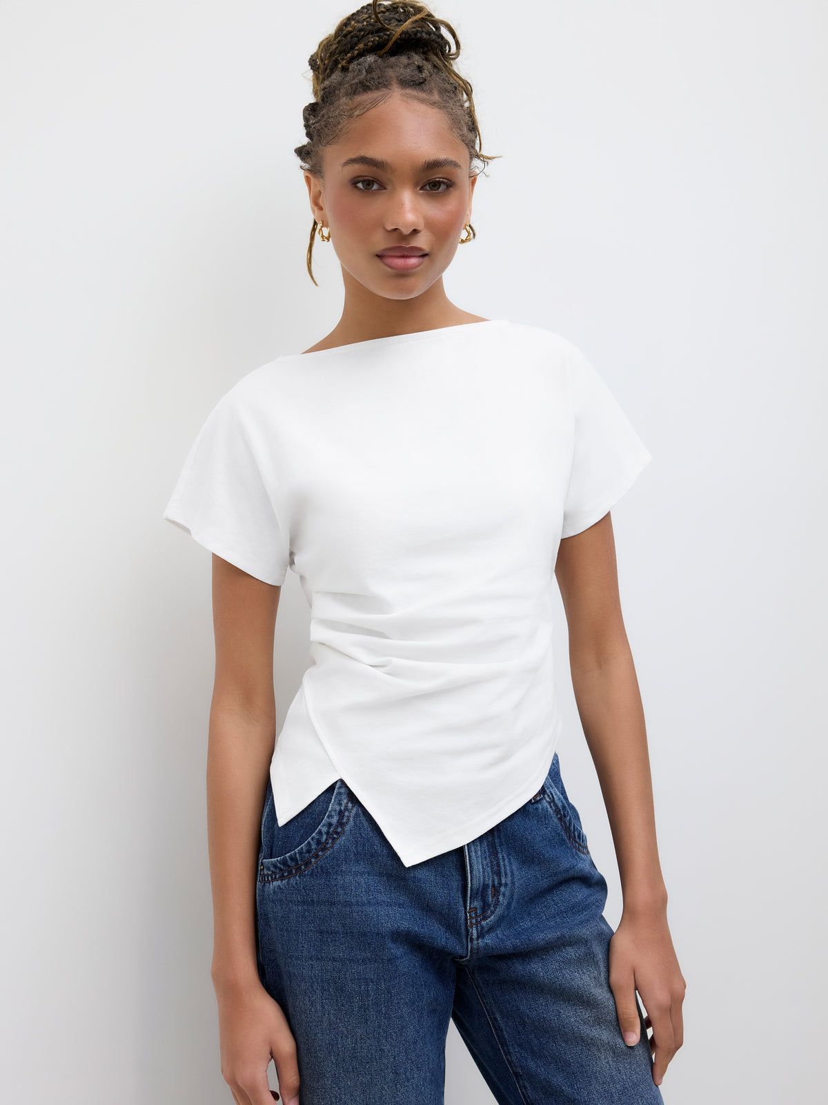 Cotton-blend Boat Neck Ruched Asymmetrical Hem Tee