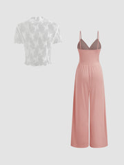 Lace See-through Top & V Neck Wide Leg Jumpsuit