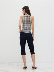 Stand Collar Plaid Ruched Split Top