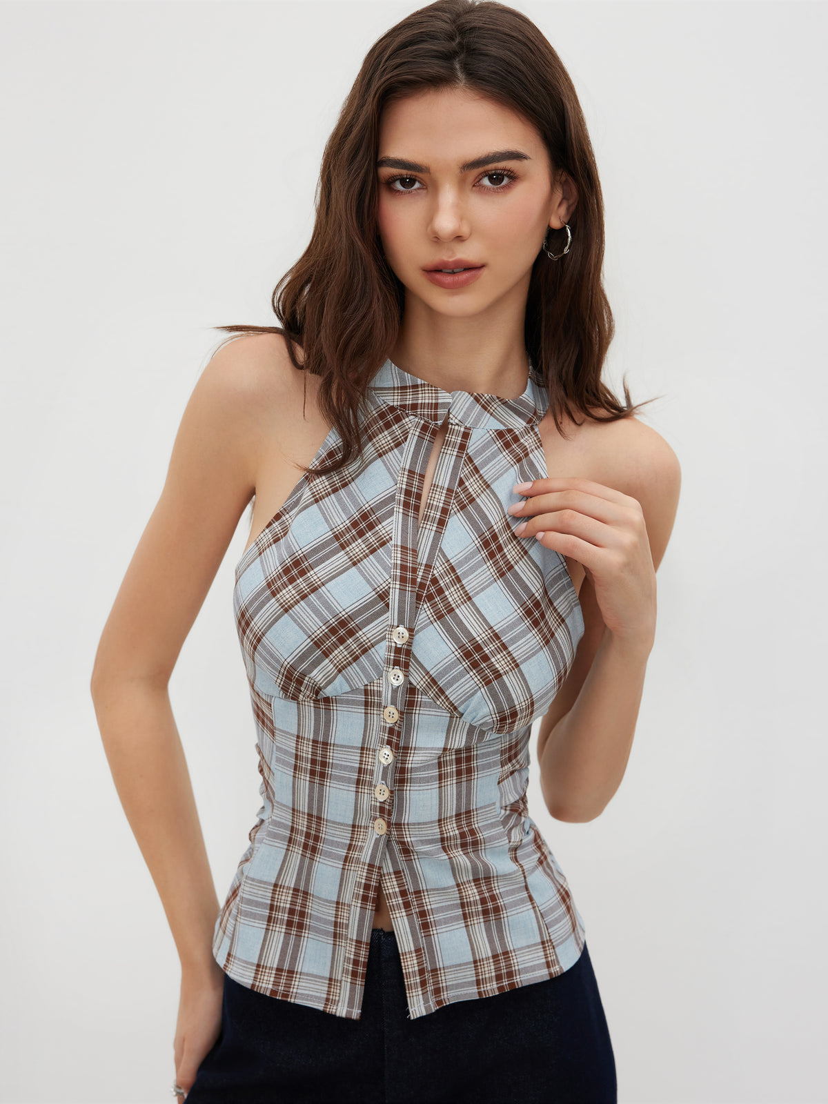 Stand Collar Plaid Ruched Split Top