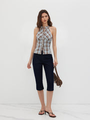 Stand Collar Plaid Ruched Split Top