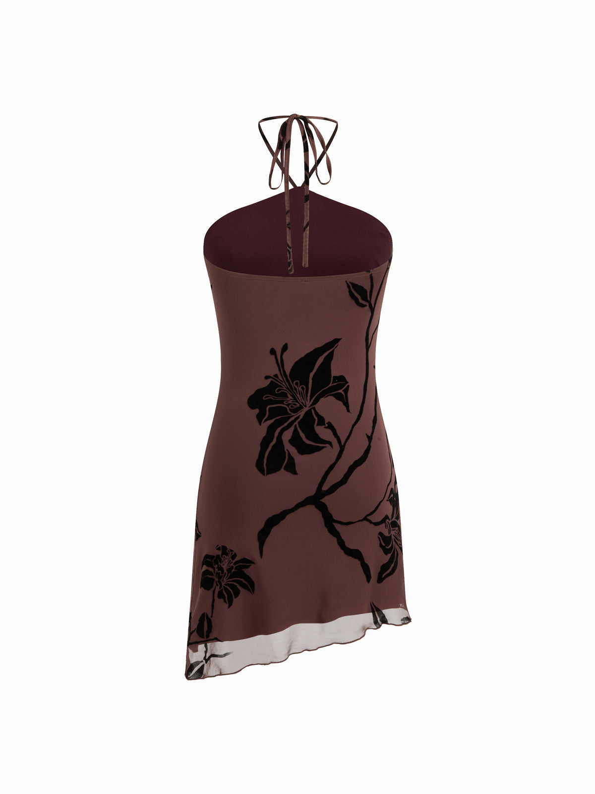 Mesh Halter Neckline Floral Graphic Knotted Asymmetrical Hem Mini Dress
