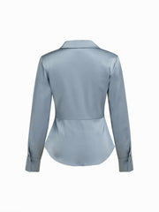 Satin Collar Long Sleeve Curved Hem Cinched Waist Shirt