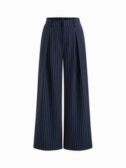 Mid Rise Stripe Pleated Wide Leg Trousers