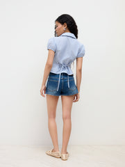 Cotton-blend V-neck Stripe Tie Back Shirt