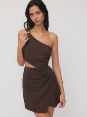 Asymmetrical Neck Metal Detail Cut Out Ruched Mini Dress