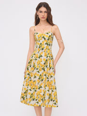 Cotton Lemon Lace Up Pleated Cami Midi Dress
