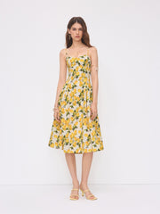 Cotton Lemon Lace Up Pleated Cami Midi Dress