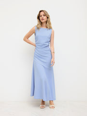 Boat Neck Solid Ruffle Ruched Maxi Dress