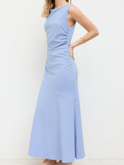 Boat Neck Solid Ruffle Ruched Maxi Dress