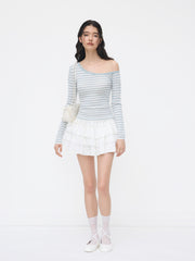 Knit Wool-blend Asymmetrical Neck Stripe Long Sleeve Top
