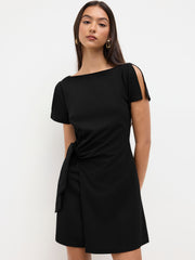Boat Neck Ruched Knotted Split Sleeve Mini Dress
