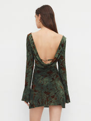 Boat Neck Floral Ruched Backless Metal Detail Lettuce Trim Mini Dress