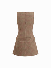 Boat Neck Houndstooth Belted Mini Dress