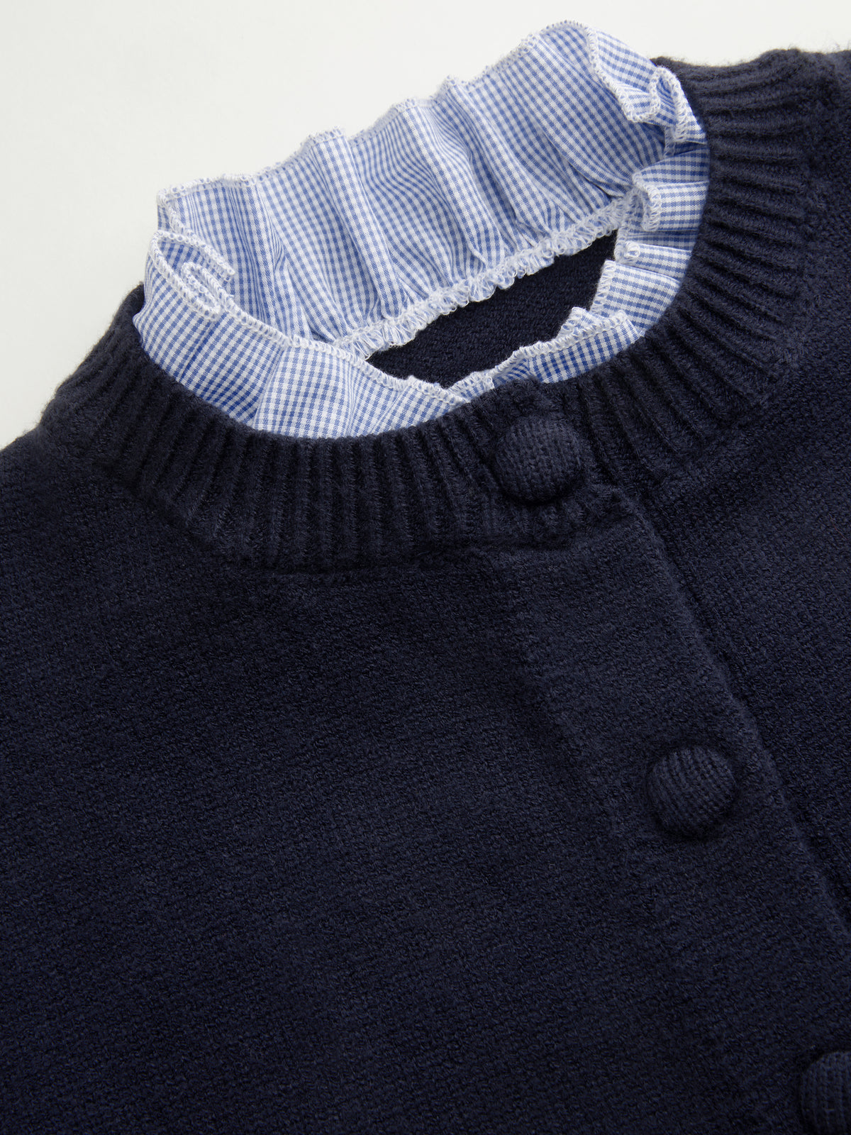 Knit Plaid Round Neck Long Sleeve Ruffle Trim Button Cardigan