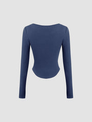 Thermal Cotton-blend Square Neck Solid Thumb Hole Long Sleeve Tee