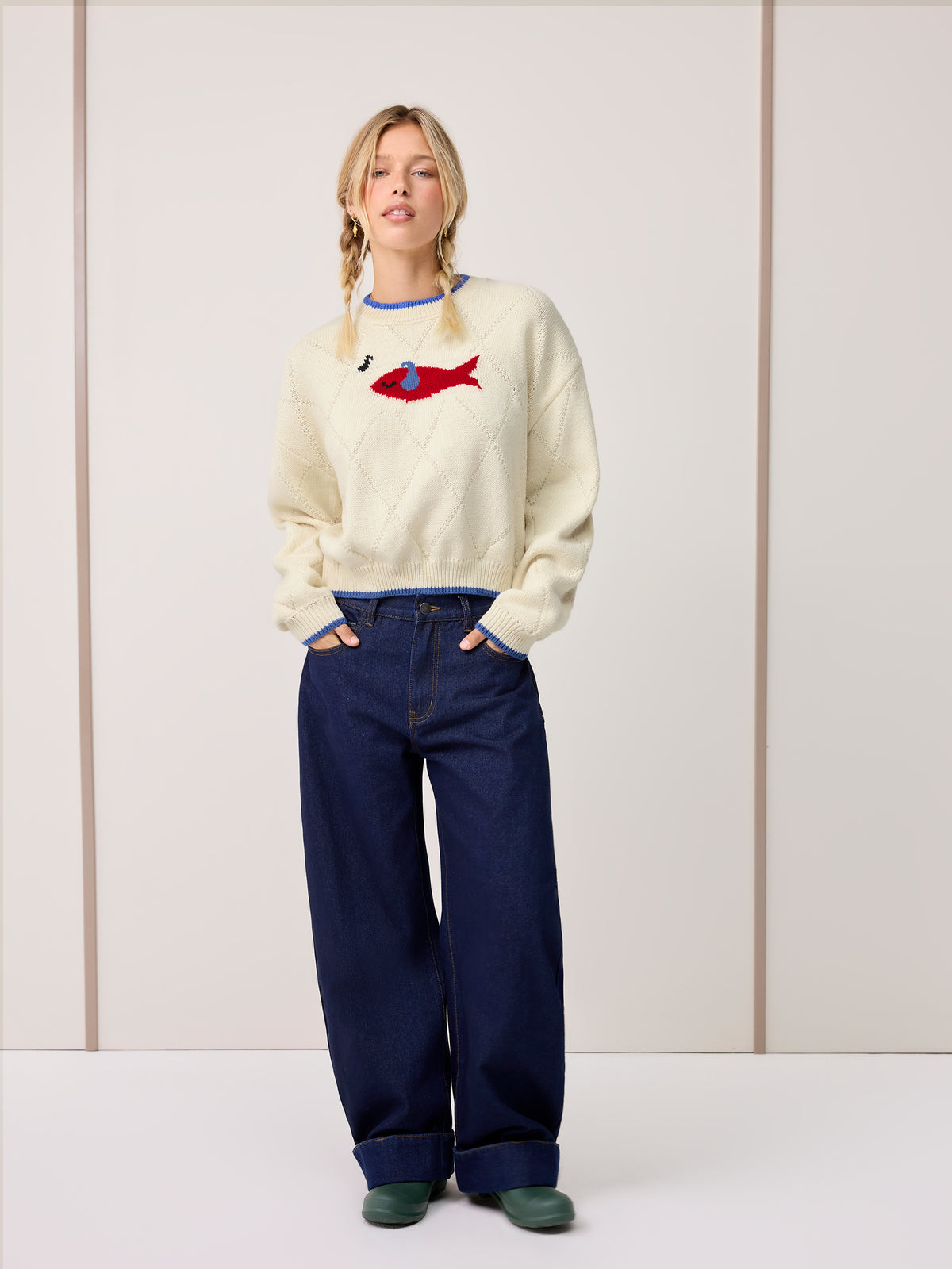 Knit Round Neckline Fish Graphic Contrasting Binding Oversized Top