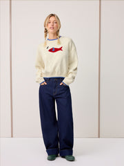 Knit Round Neckline Fish Graphic Contrasting Binding Oversized Top