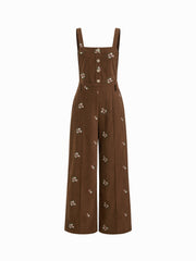 Corduroy Floral Backless Pocket Wide Leg Jumpsuit