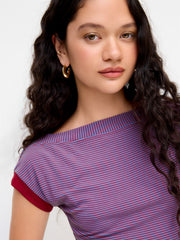 Boat Neck Stripe Contrasting Binding Short Sleeve Tee