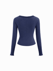 Thermal Cotton-blend V-neck Long Sleeve Lace Trim Ruched Tee