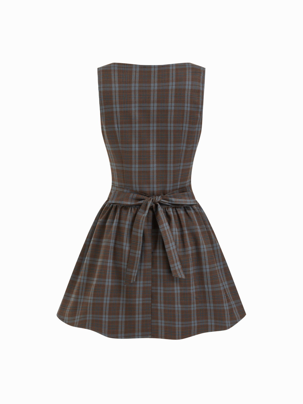 Plaid Asymmetrical Neck Ruched Tie Back Mini Dress