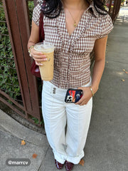 Cotton V-neck Check Button Short Sleeve Blouse