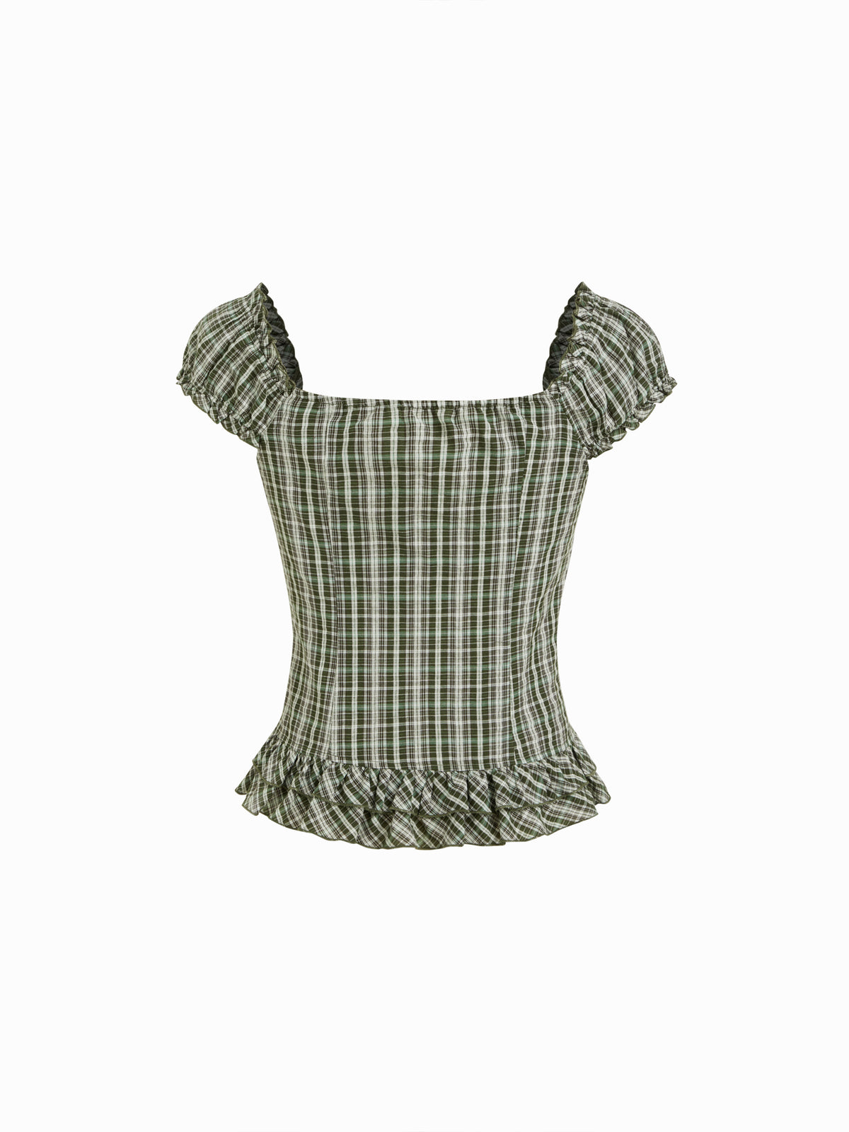 Sweetheart Tartan Ruched Lettuce Trim Layered Blouse