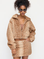 Faux Fur Deer Low Rise Animal Print Half Zip Mini Skirt