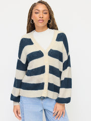 Knit Mohair-blend Striped V-neck Long Sleeve Oversized Cardigan